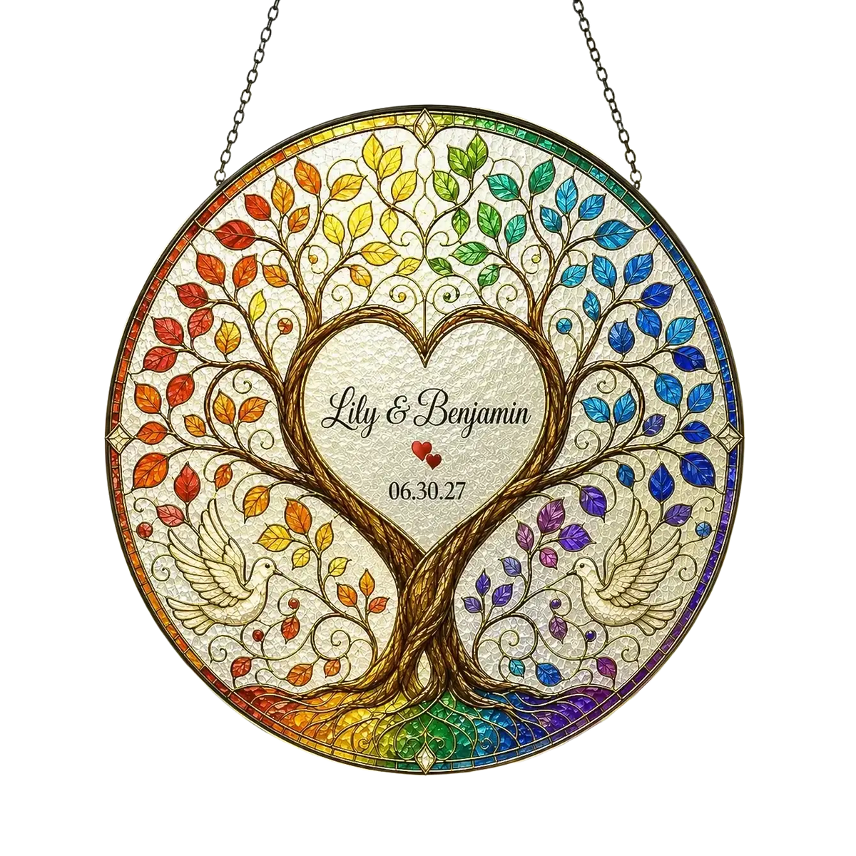 Personalized tree of life stained glass window hanging with rainbow colors, two doves, and engraved heart centerpiece