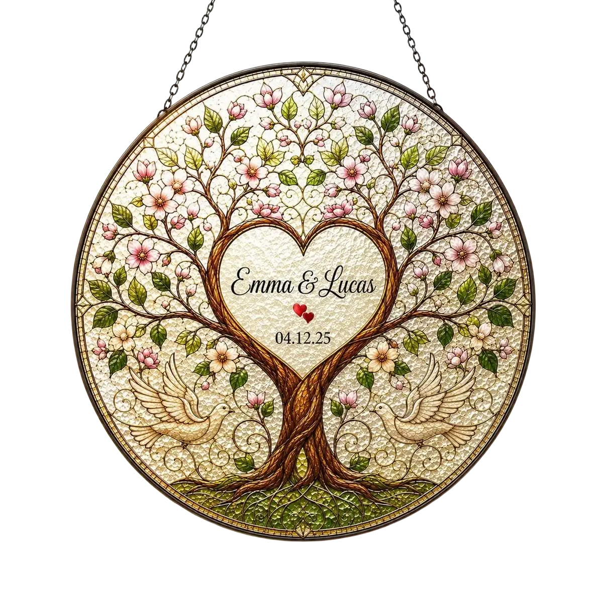 Personalized tree of life stained glass wedding gift with heart shaped tree pink blossoms green leaves doves emma lucas 041225