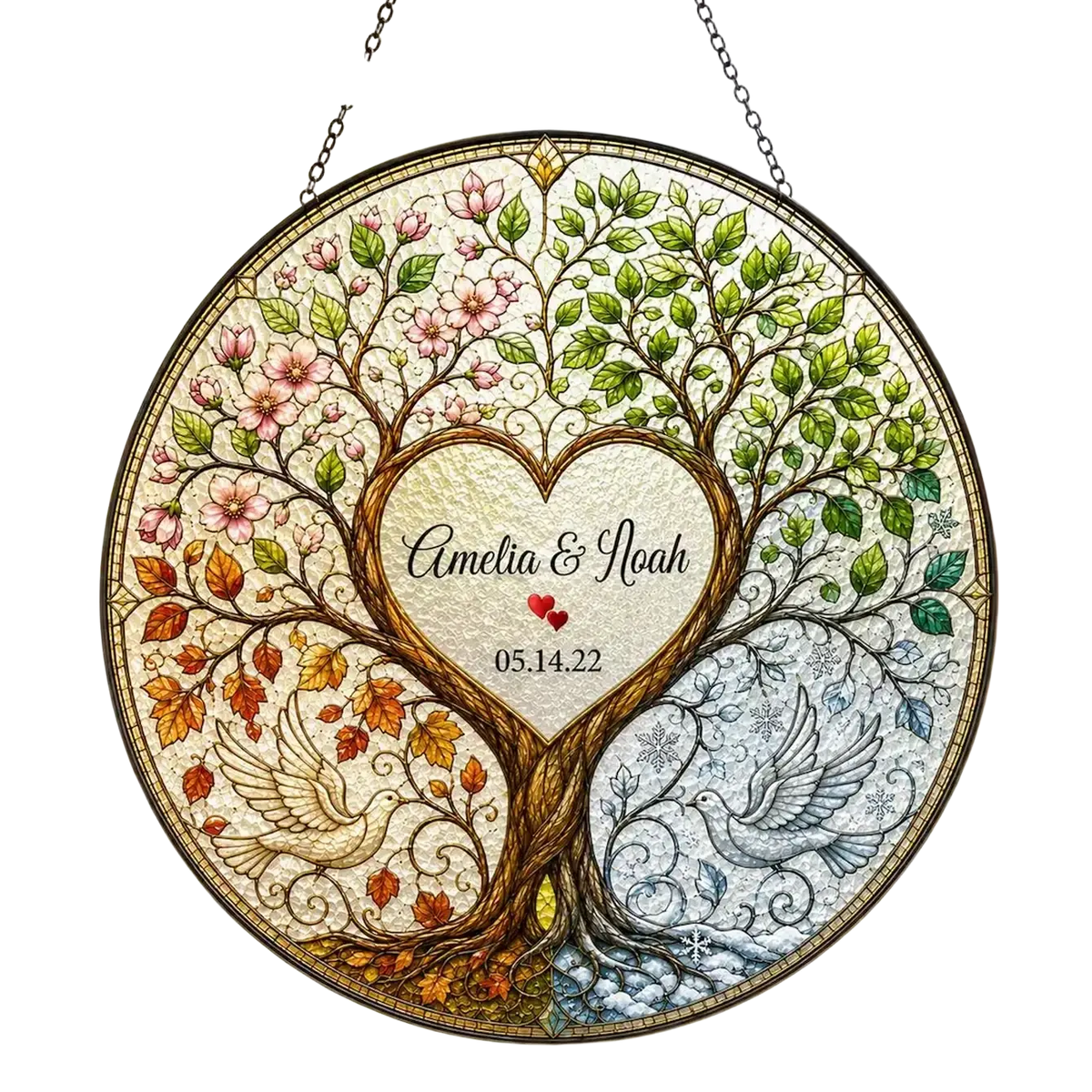 Personalized tree of life stained glass hanging ornament with four seasons design heart center and doves wedding gift