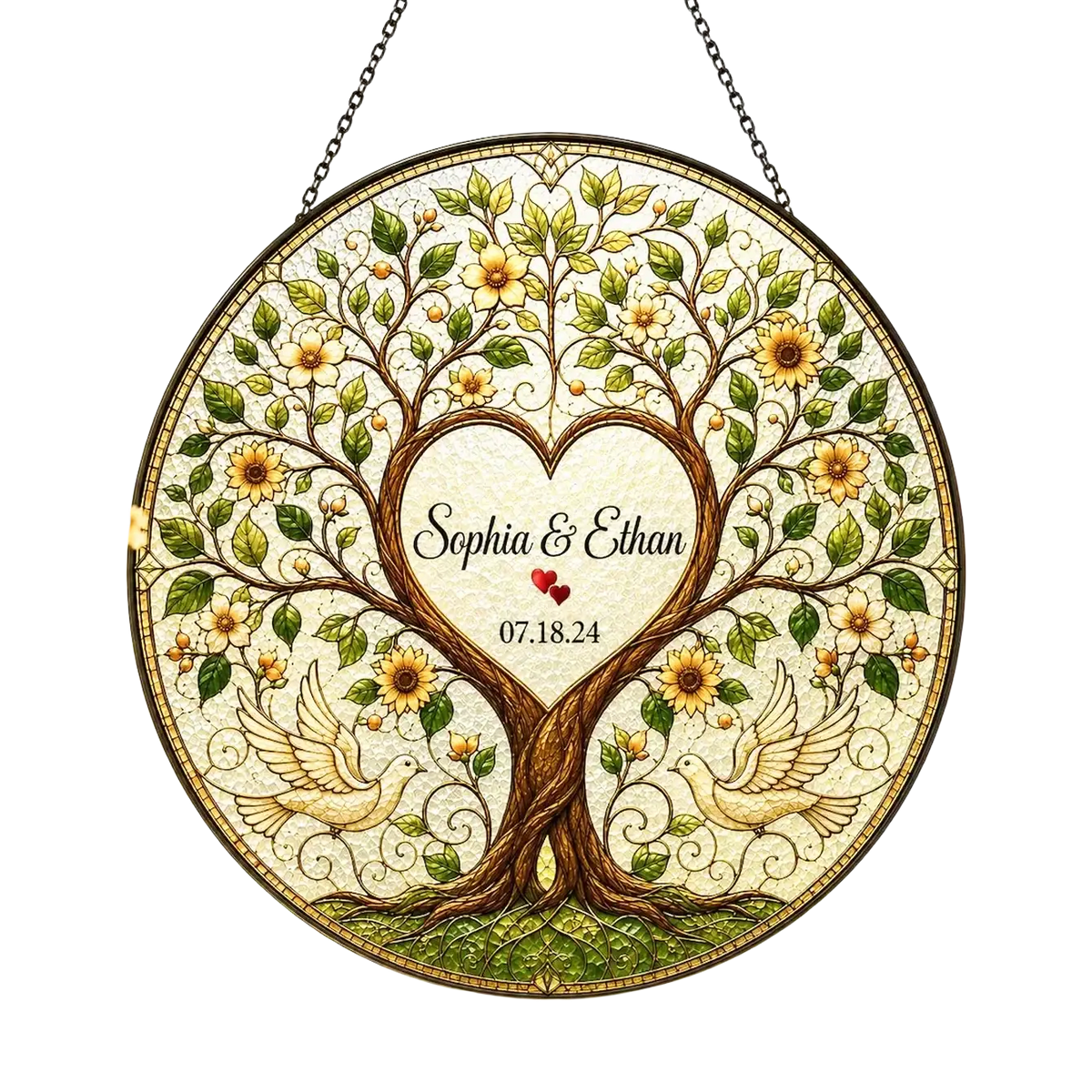 Personalized tree of life stained glass wedding gift featuring a circular heart-shaped tree with doves and flowers