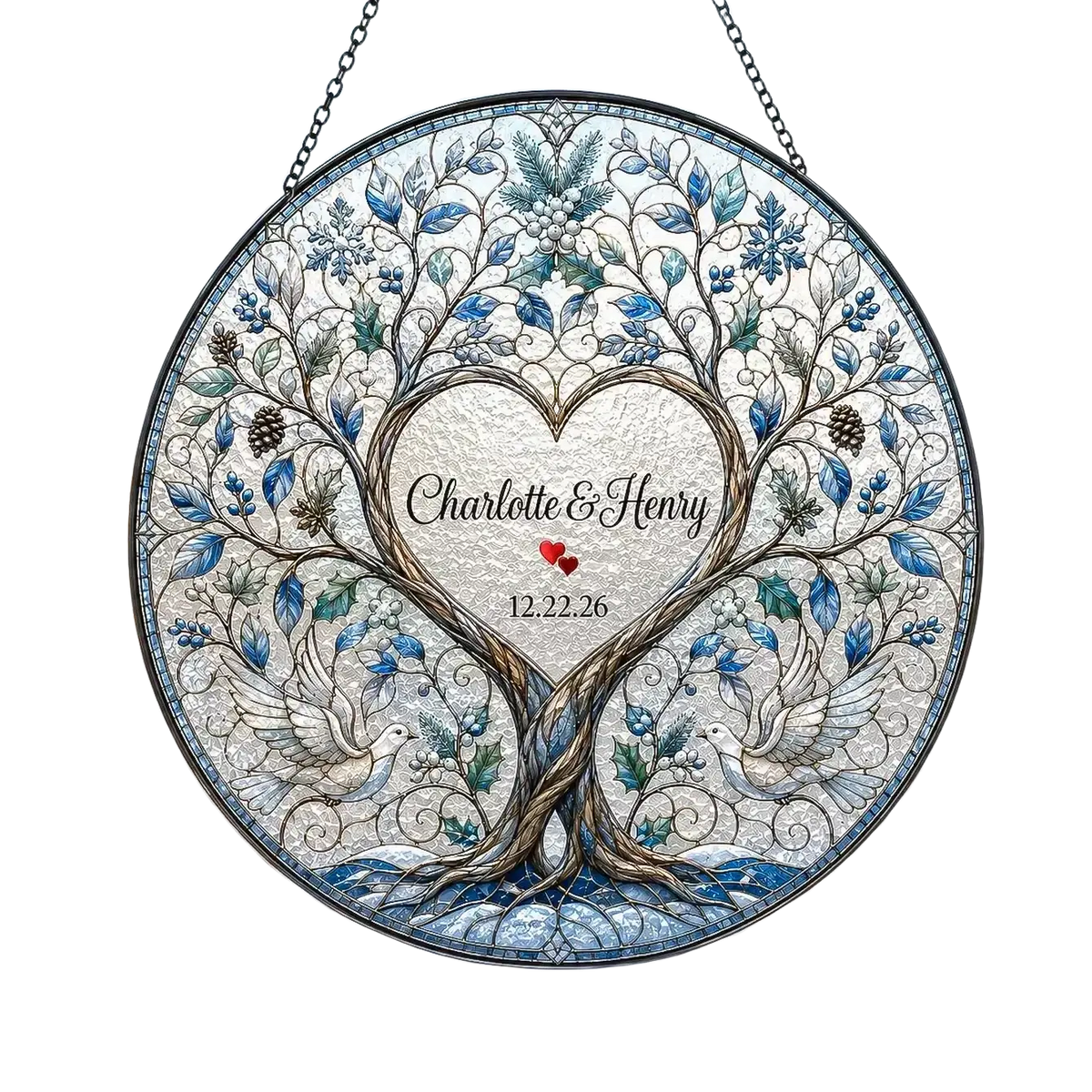Personalized tree of life stained glass wedding gift suncatcher with blue green leaves pinecones snowflakes and doves