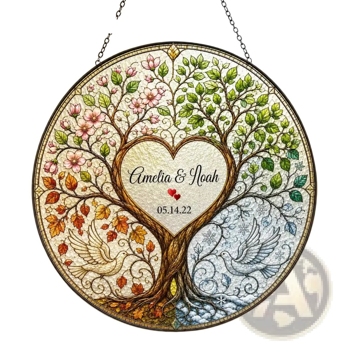 Personalized tree of life stained glass hanging ornament with four seasons design heart center and doves wedding gift