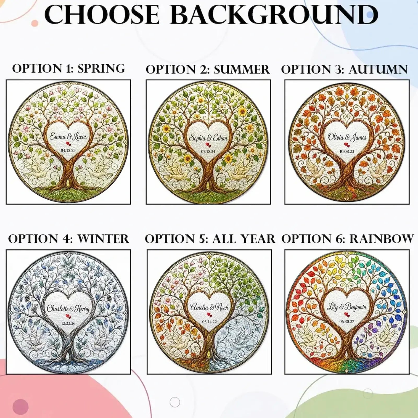 Personalized tree of life stained glass wedding gift with customizable circular design and heart-shaped center in seasonal colors