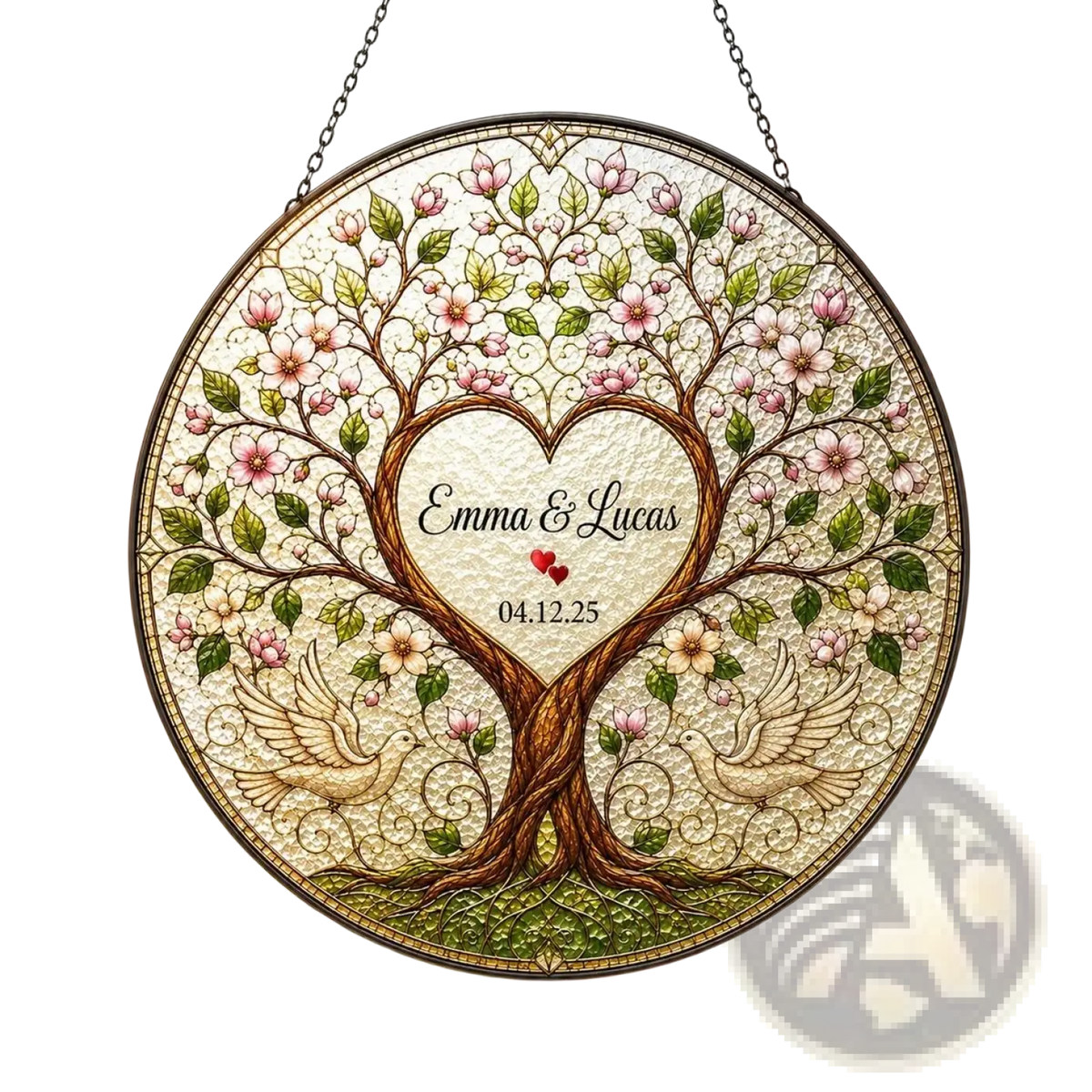 Personalized tree of life stained glass wedding gift with heart shaped tree pink blossoms green leaves doves emma lucas 041225