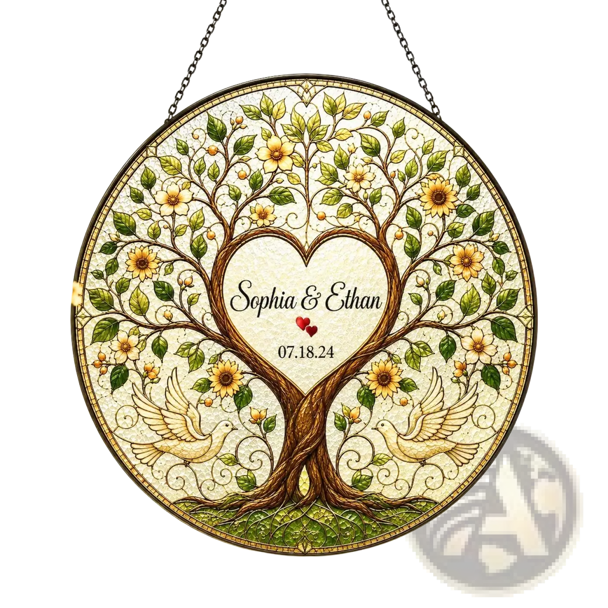 Personalized tree of life stained glass wedding gift featuring a circular heart-shaped tree with doves and flowers