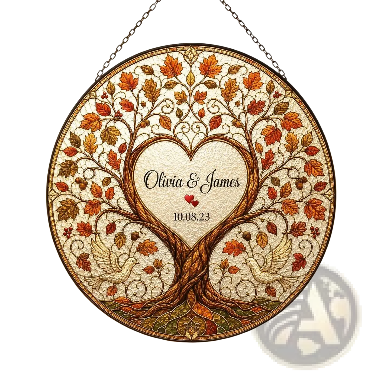 Personalized tree of life stained glass wedding gift featuring a heart-shaped autumn tree with birds and names olivia and james