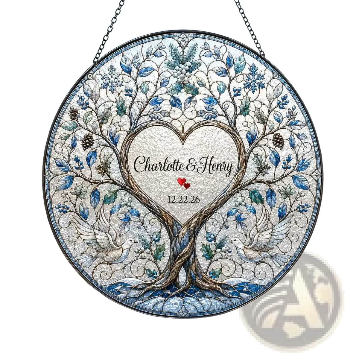 Personalized tree of life stained glass wedding gift suncatcher with blue green leaves pinecones snowflakes and doves