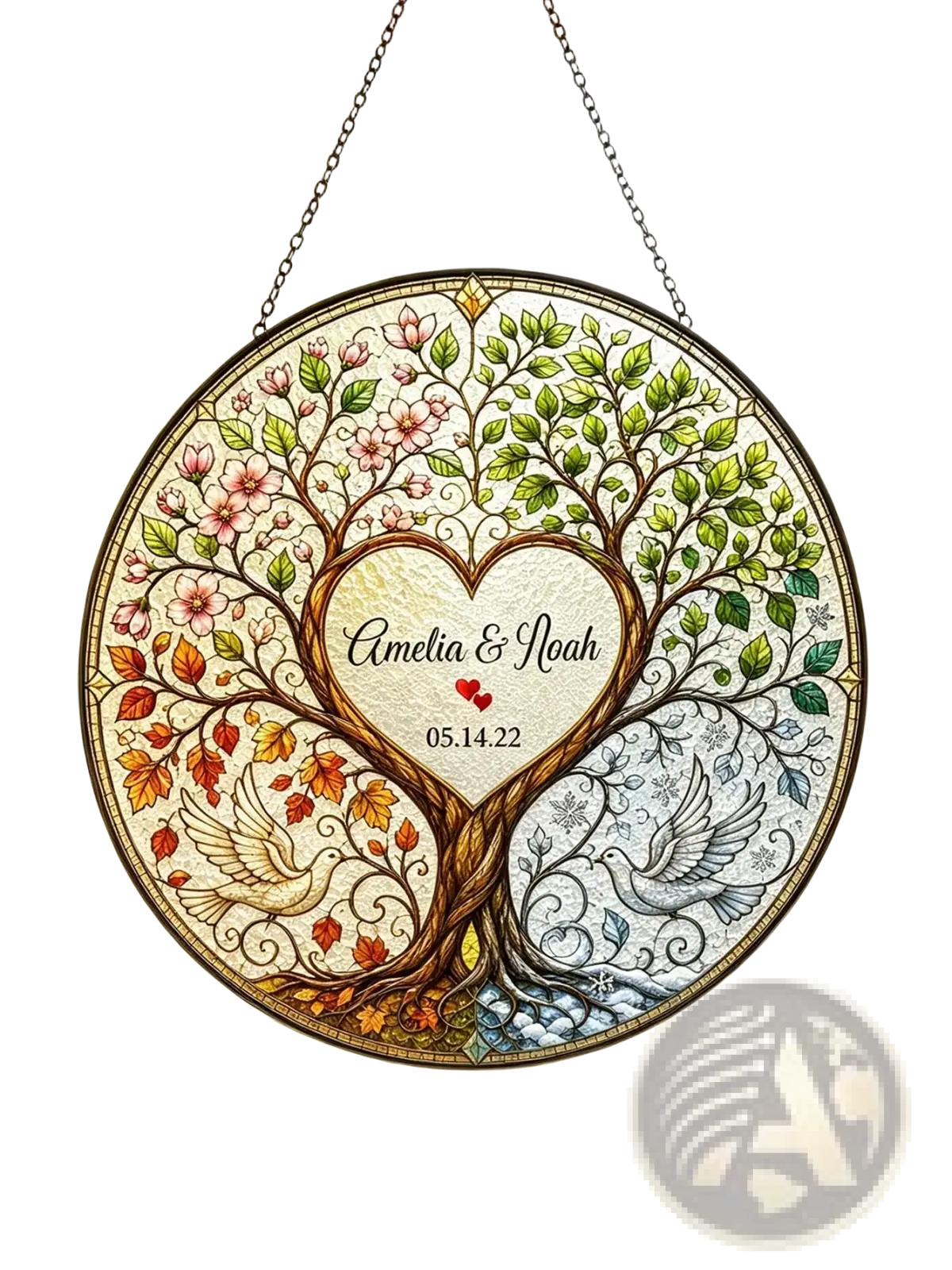 Personalized tree of life stained glass wedding gift with circular design featuring four seasons tree doves and custom names