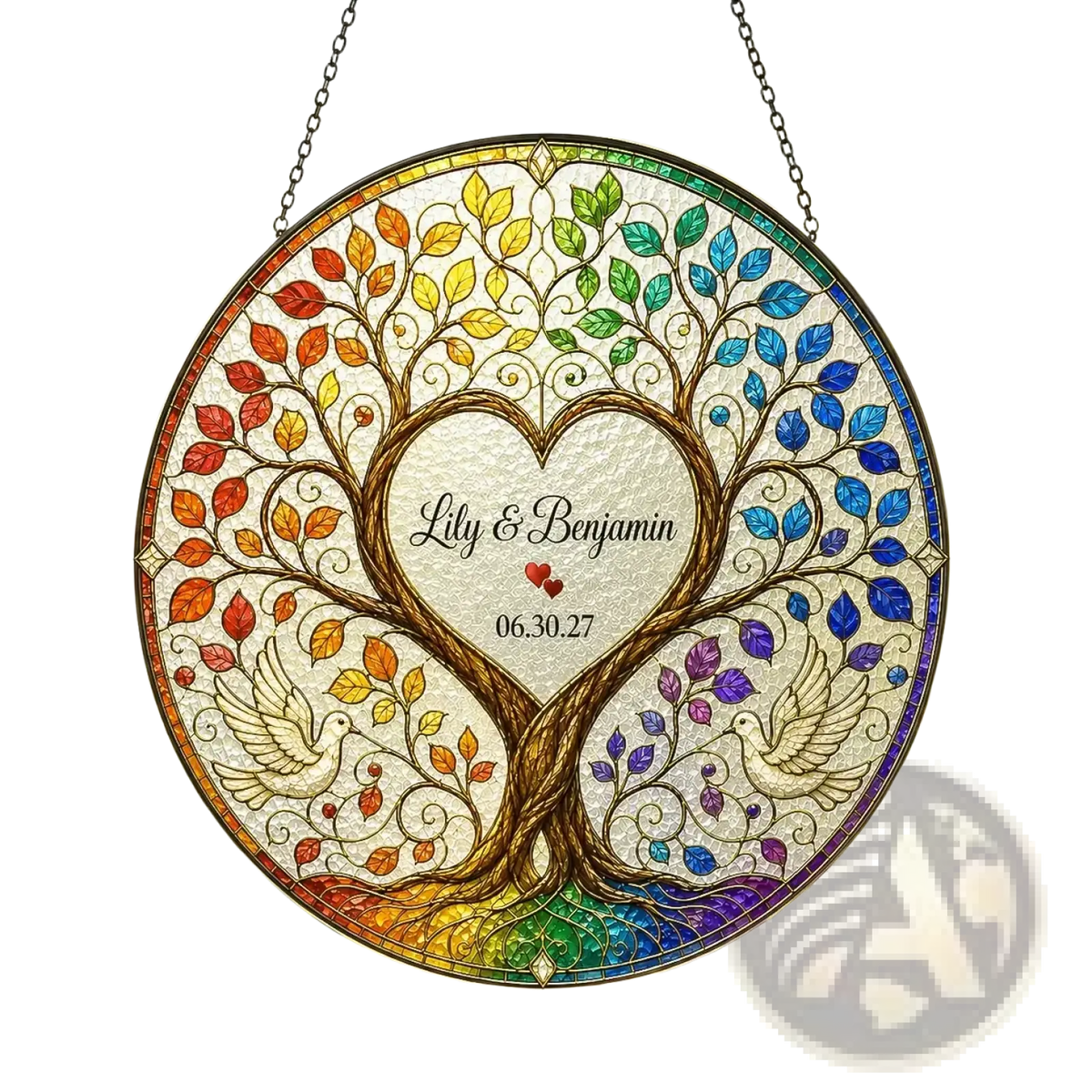 Personalized tree of life stained glass window hanging with rainbow colors, two doves, and engraved heart centerpiece