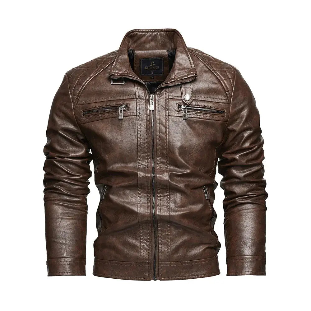Men’s quilted black faux leather biker jacket with pockets featuring brown leather detailing silver zippers and stitching