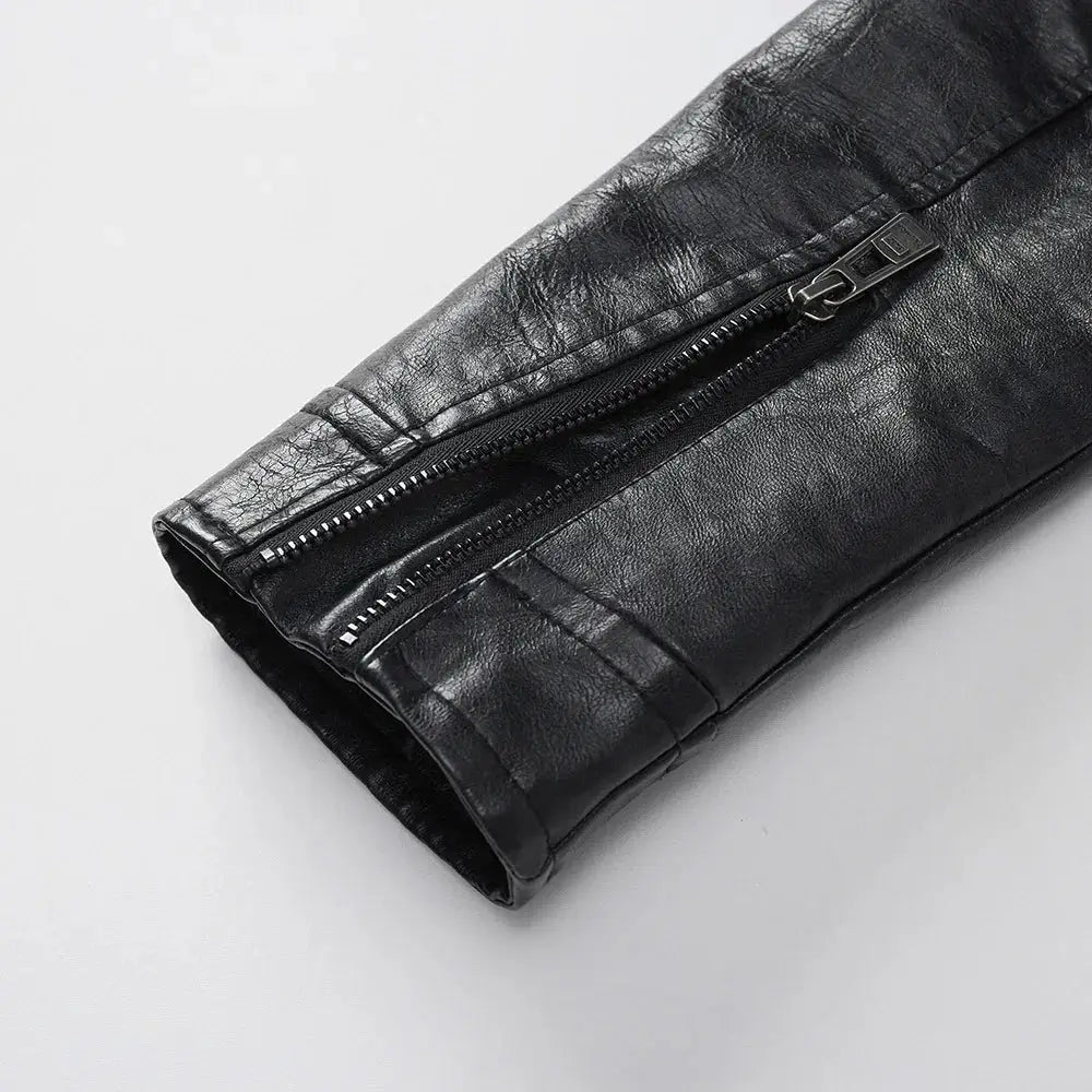 Men’s quilted black faux leather biker jacket sleeve with zipper detail showcasing durable material and stylish design