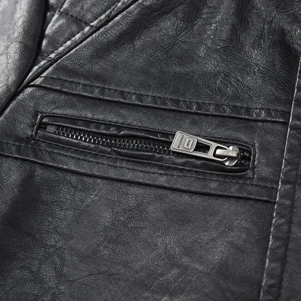 Men’s quilted black faux leather biker jacket with pockets and silver zipper pull for stylish outerwear