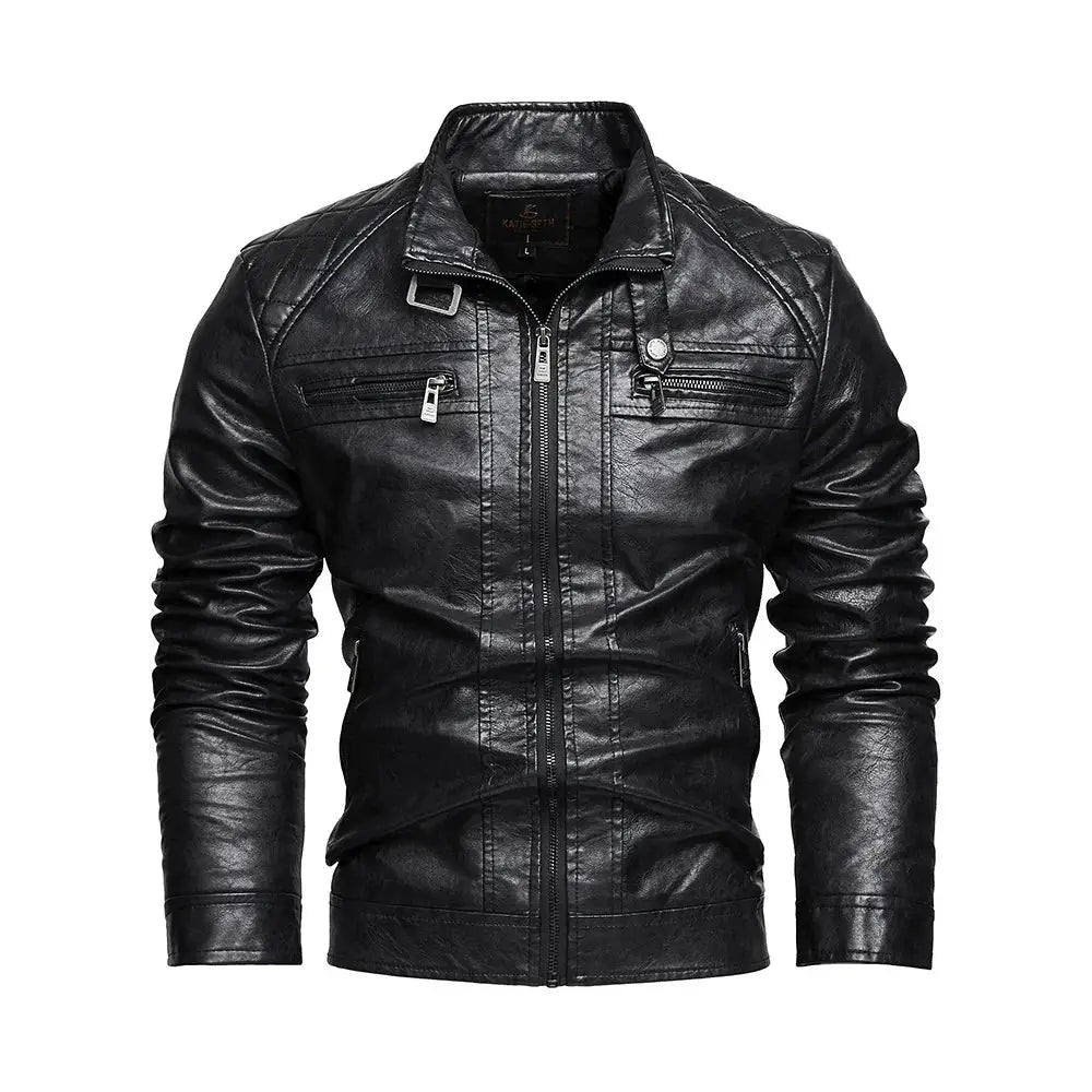 Men’s quilted black faux leather biker jacket with quilted shoulder panels and silver zippers with pockets
