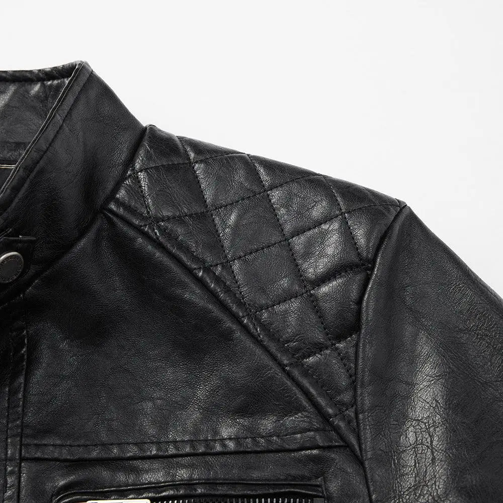 Men’s quilted black faux leather biker jacket with classic design and pockets shown from the back side