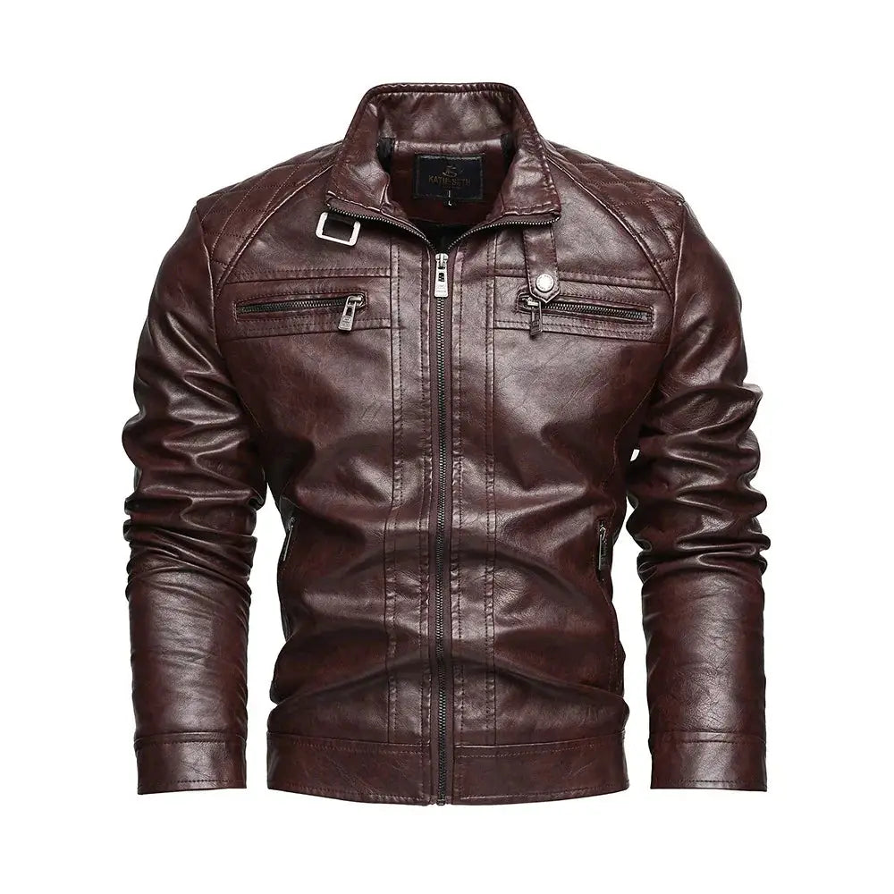 Men’s quilted black faux leather biker jacket with rich brown faux leather, zip-up front, chest pockets, and silver hardware