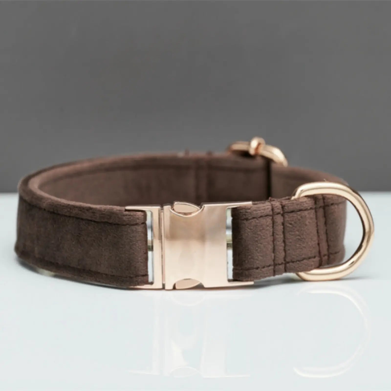 Brown suede personalized velvet dog collar with rose gold-tone buckle and d-ring for stylish leash set