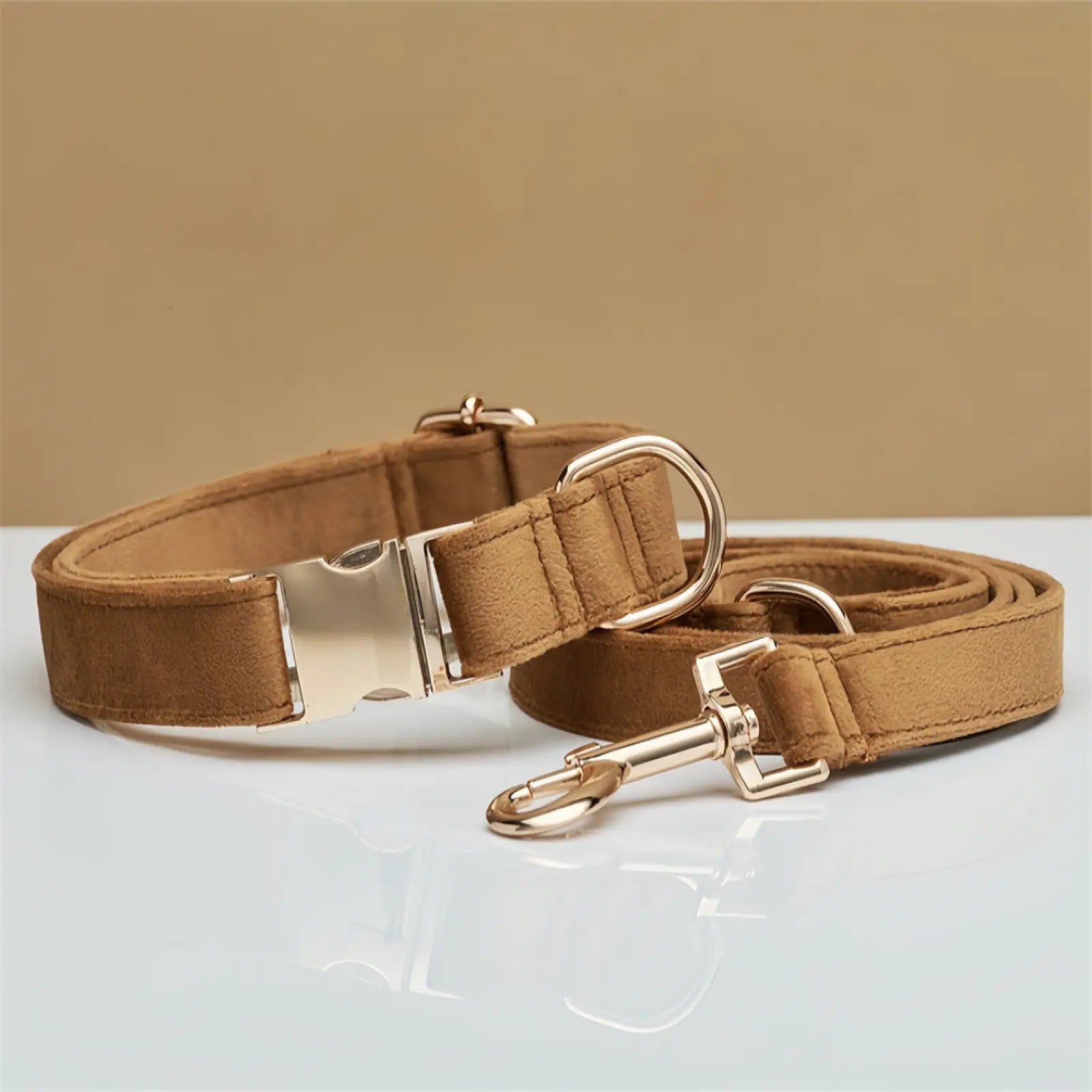 Tan suede personalized velvet dog collar and leash set with bow and gold-tone metal hardware