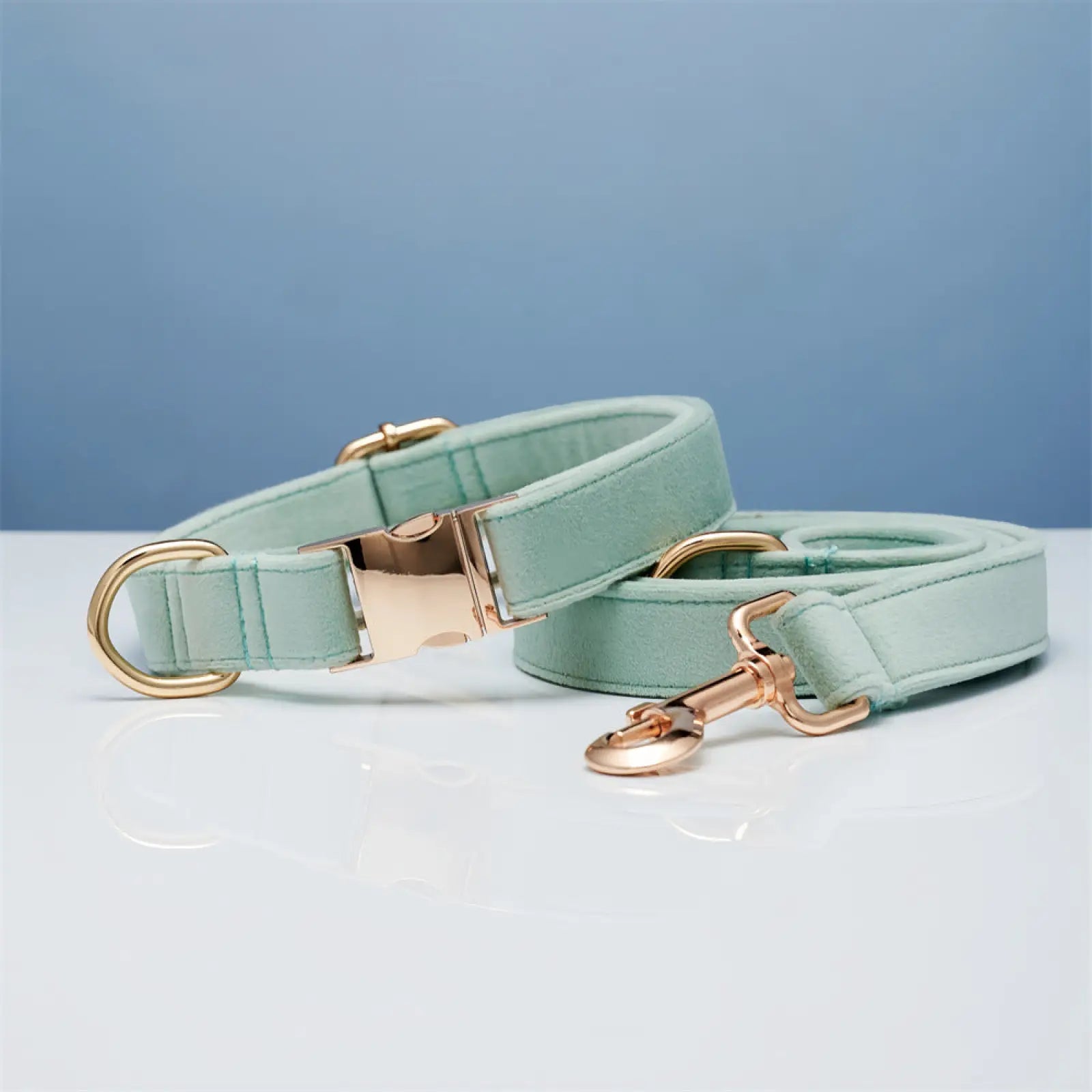 Personalized mint green velvet dog collar and leash set with rose gold hardware and decorative bow