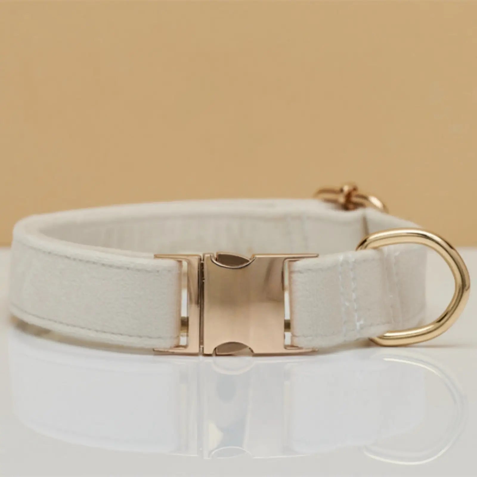 White leather personalized velvet dog collar with rose gold-tone metal buckle and d-ring featuring a bow detail