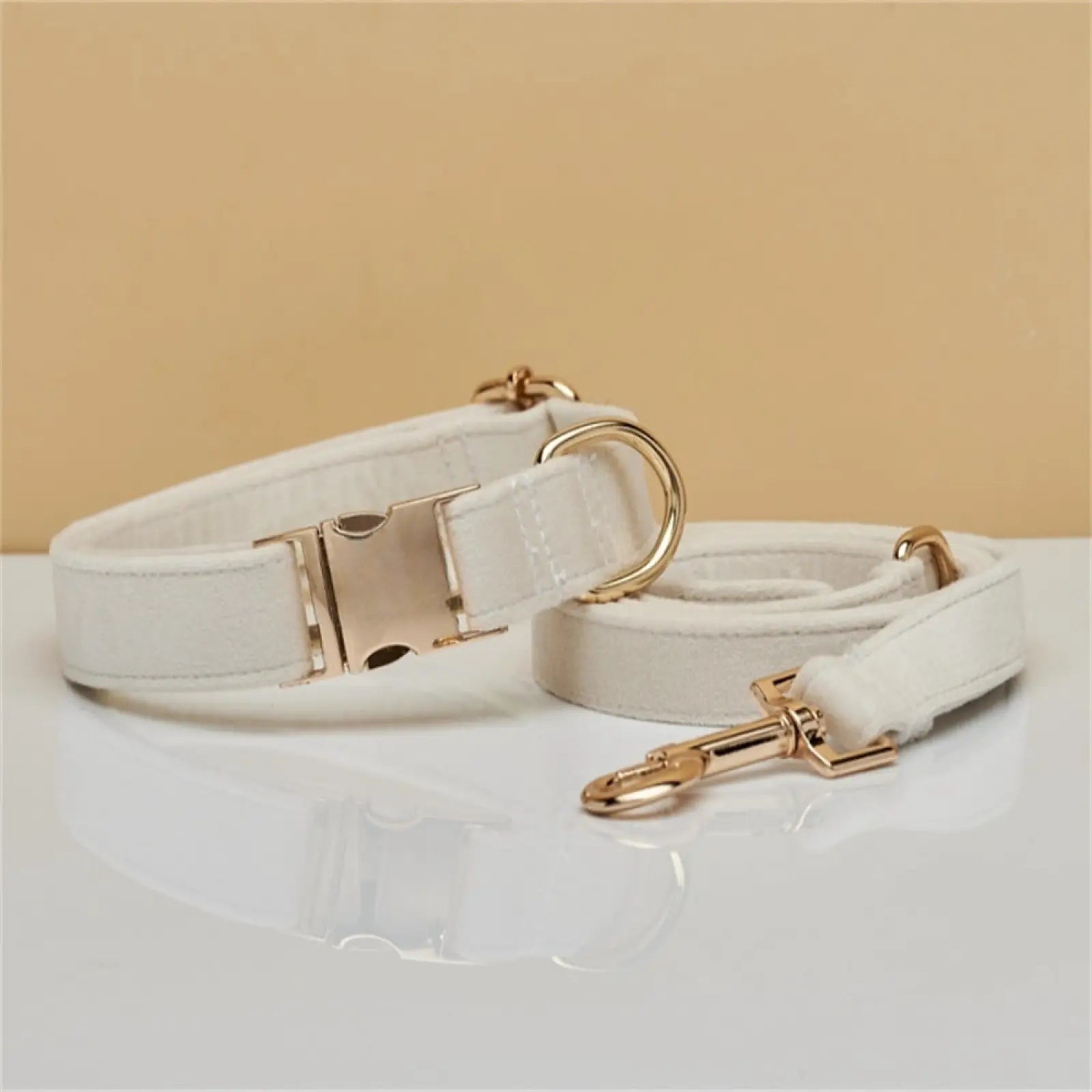 Personalized velvet dog collar and leash set in white leather with gold-tone metal hardware and decorative bow