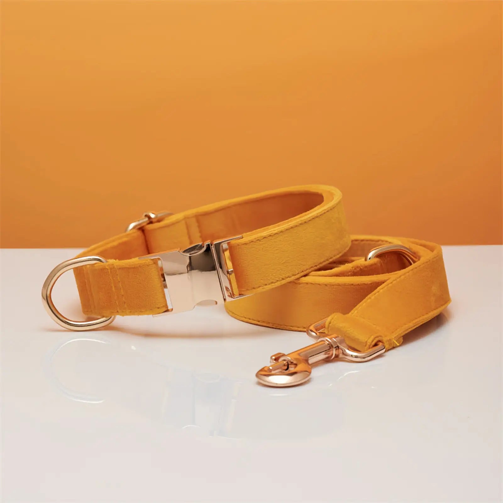Personalized velvet dog collar and leash set in yellow leather with silver-toned metal hardware and bow detail