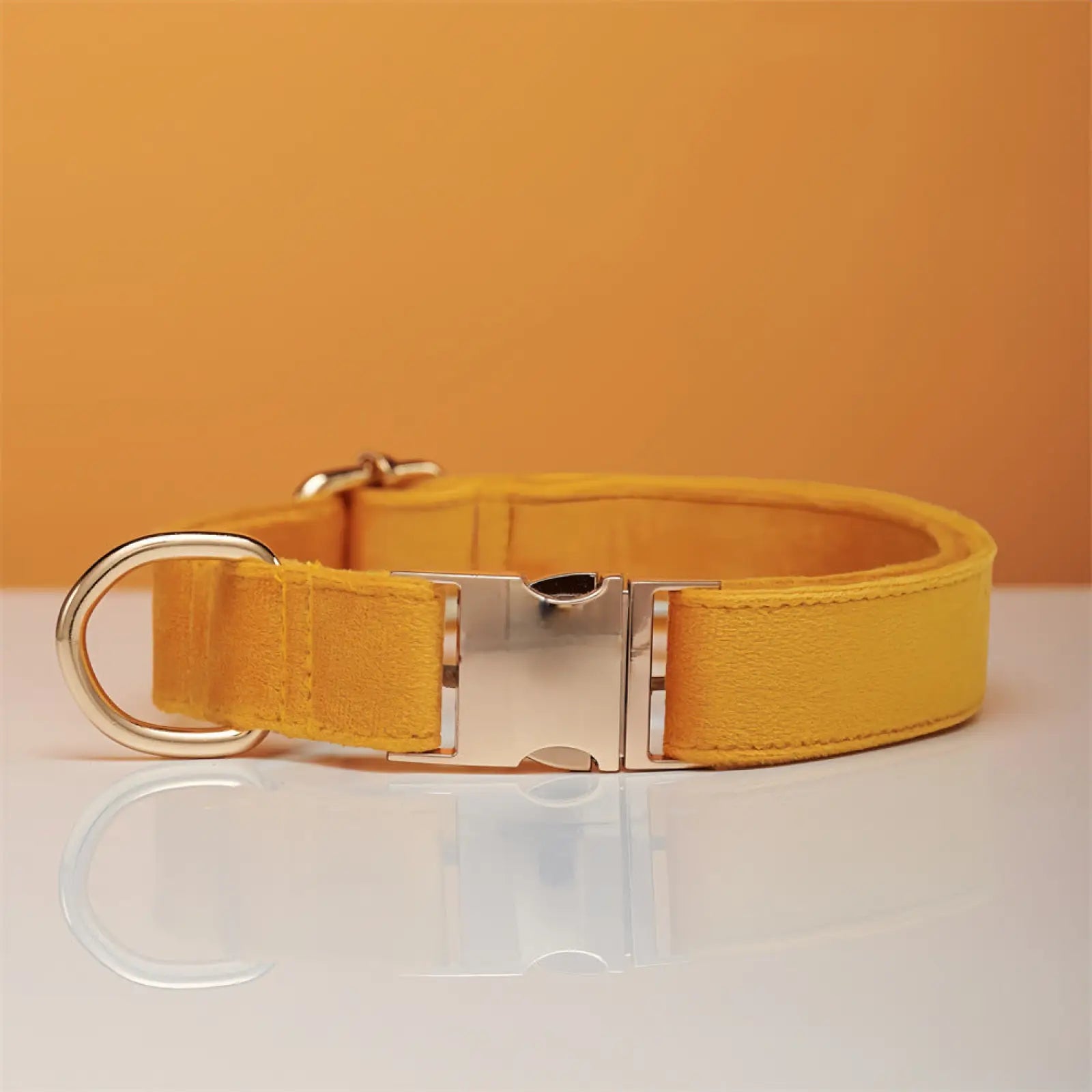 Yellow leather personalized velvet dog collar with silver metal buckle and d-ring for pet leash set with bow
