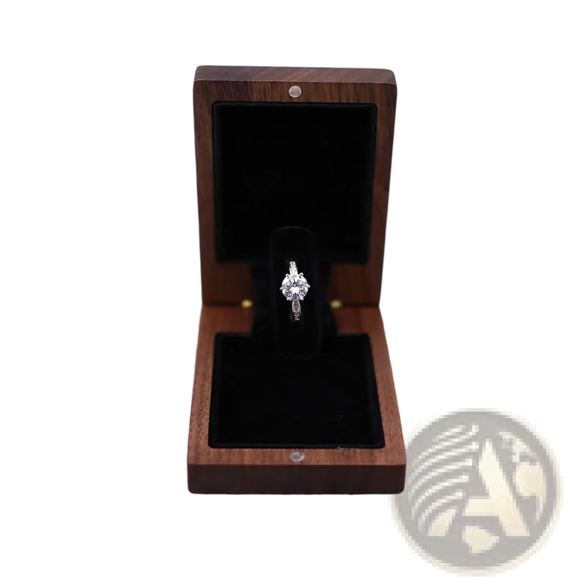 A personalized walnut wood wedding ring box displaying a sparkling diamond engagement ring with a silver band
