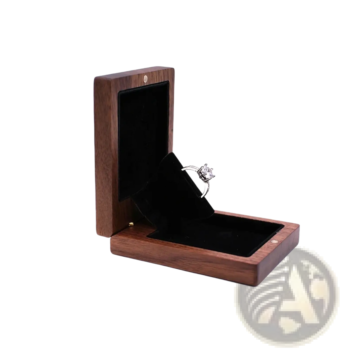 Personalized walnut wood wedding ring box displaying a silver engagement ring with central and smaller diamonds
