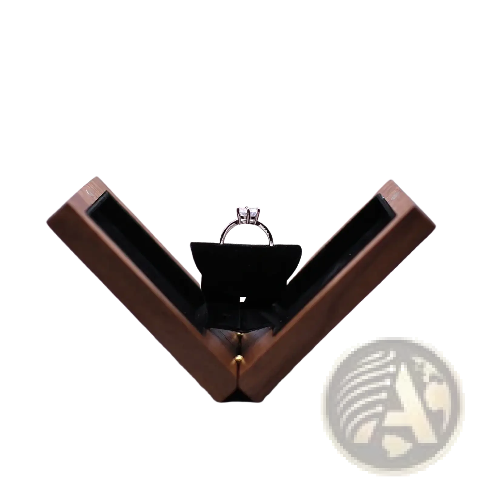 Personalized walnut wood wedding ring box in dark wood with black velvet interior holding a silver solitaire ring