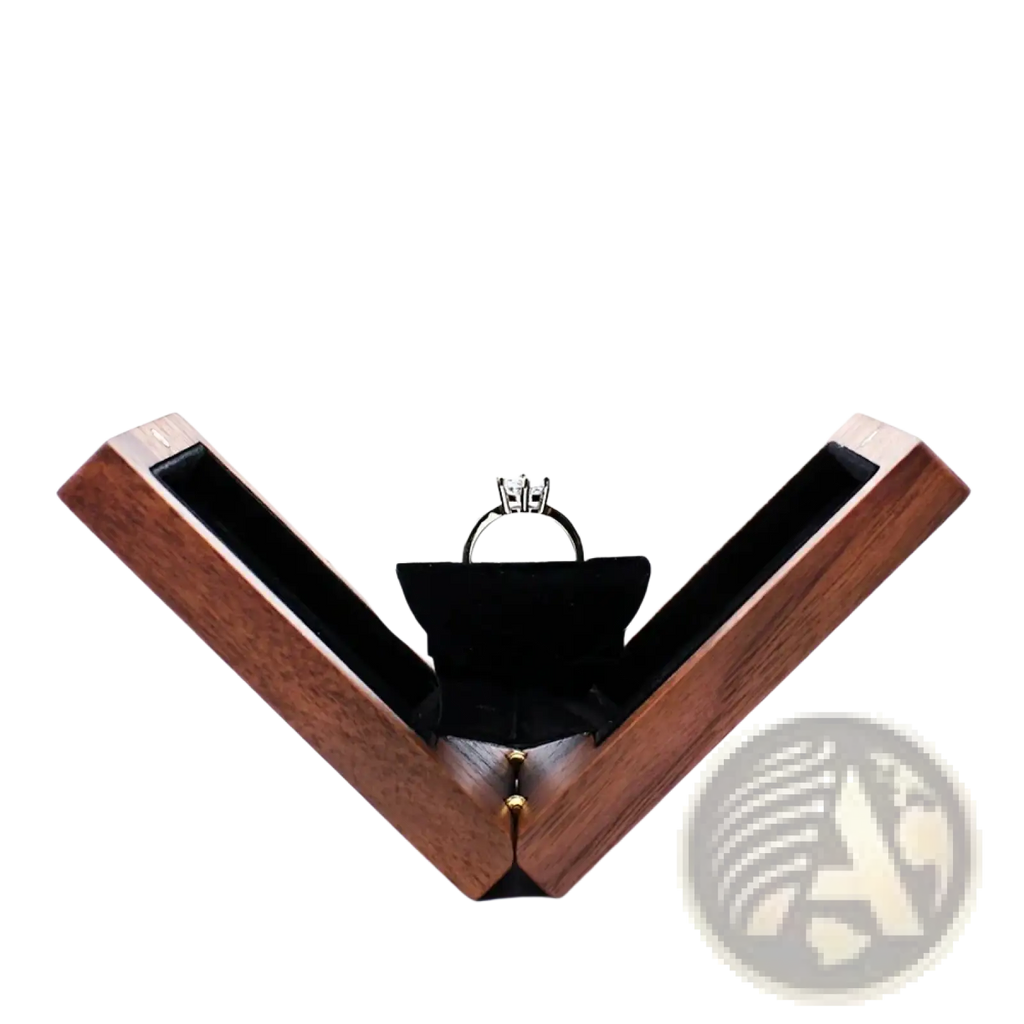 A sleek dark brown personalized walnut wood wedding ring box with black velvet interior holding a silver engagement ring