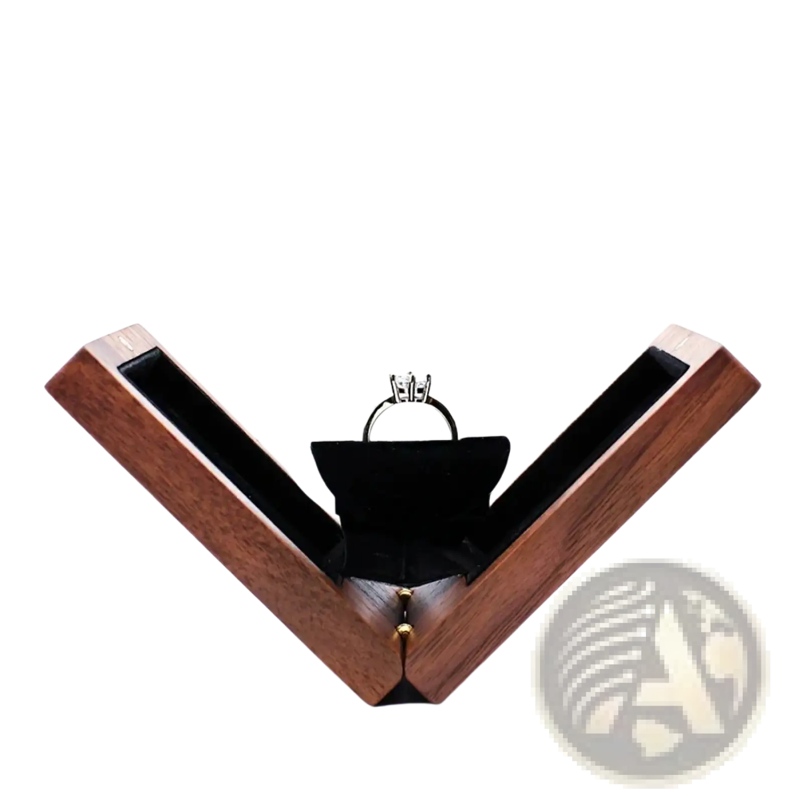 A sleek dark brown personalized walnut wood wedding ring box with black velvet interior holding a silver engagement ring