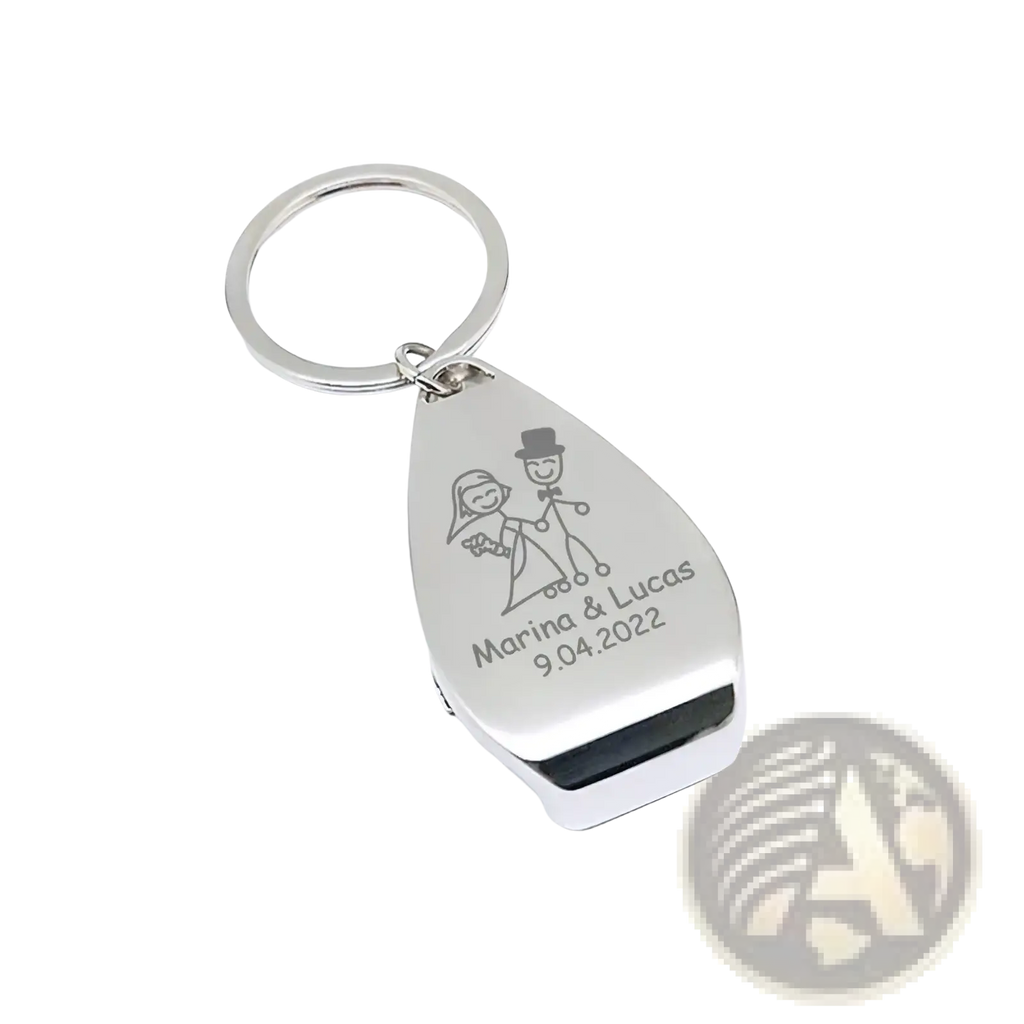 Silver teardrop personalized wedding bottle opener keychain with engraved stick-figure couple and date in bulk
