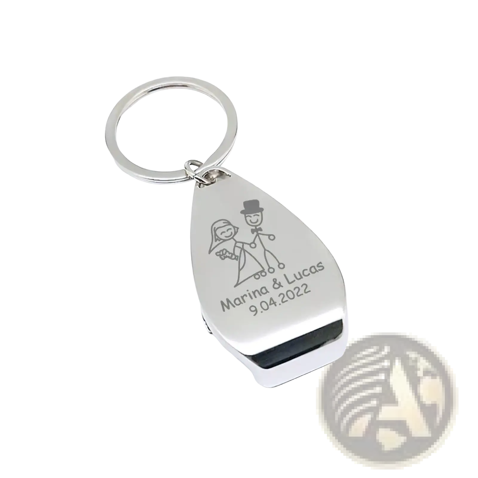 Silver teardrop personalized wedding bottle opener keychain with engraved stick-figure couple and date in bulk