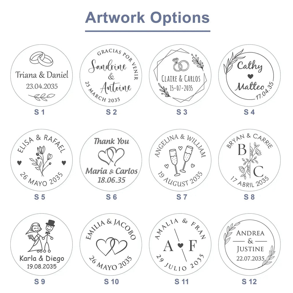 A collection of twelve black ink personalized wedding-themed stamp designs on white background for bottle opener keychains