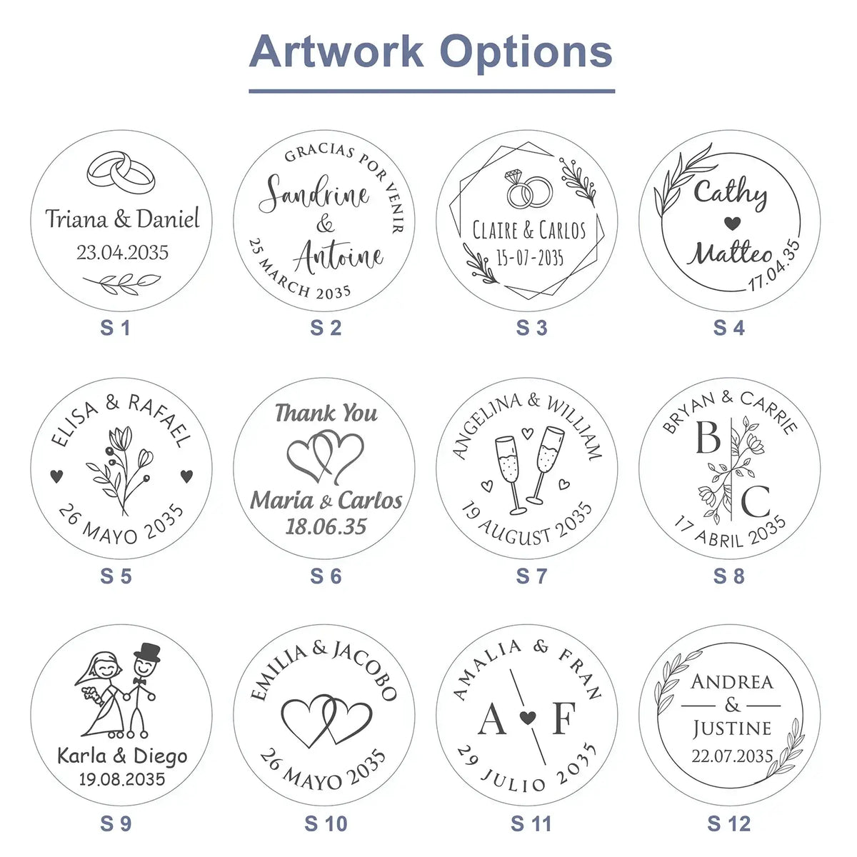 A collection of twelve black ink personalized wedding-themed stamp designs on white background for bottle opener keychains