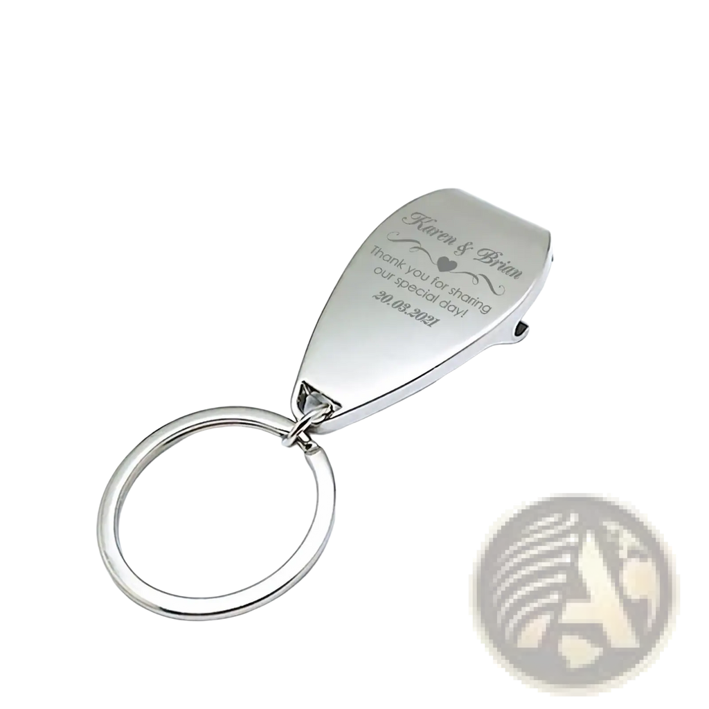 Silver metallic personalized wedding bottle opener keychain with teardrop shape engraved with names and date