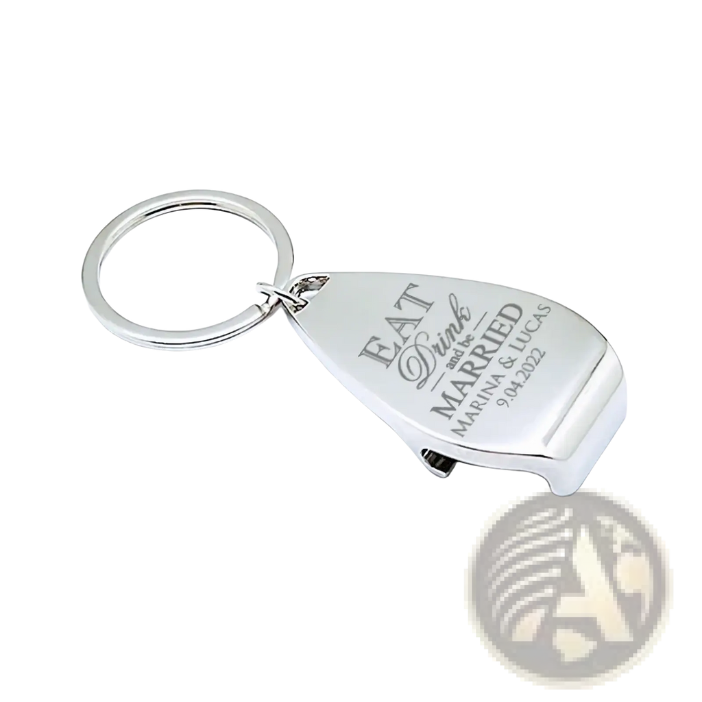 Silver metallic personalized wedding bottle opener keychain with eat drink and be married engraving and names dates