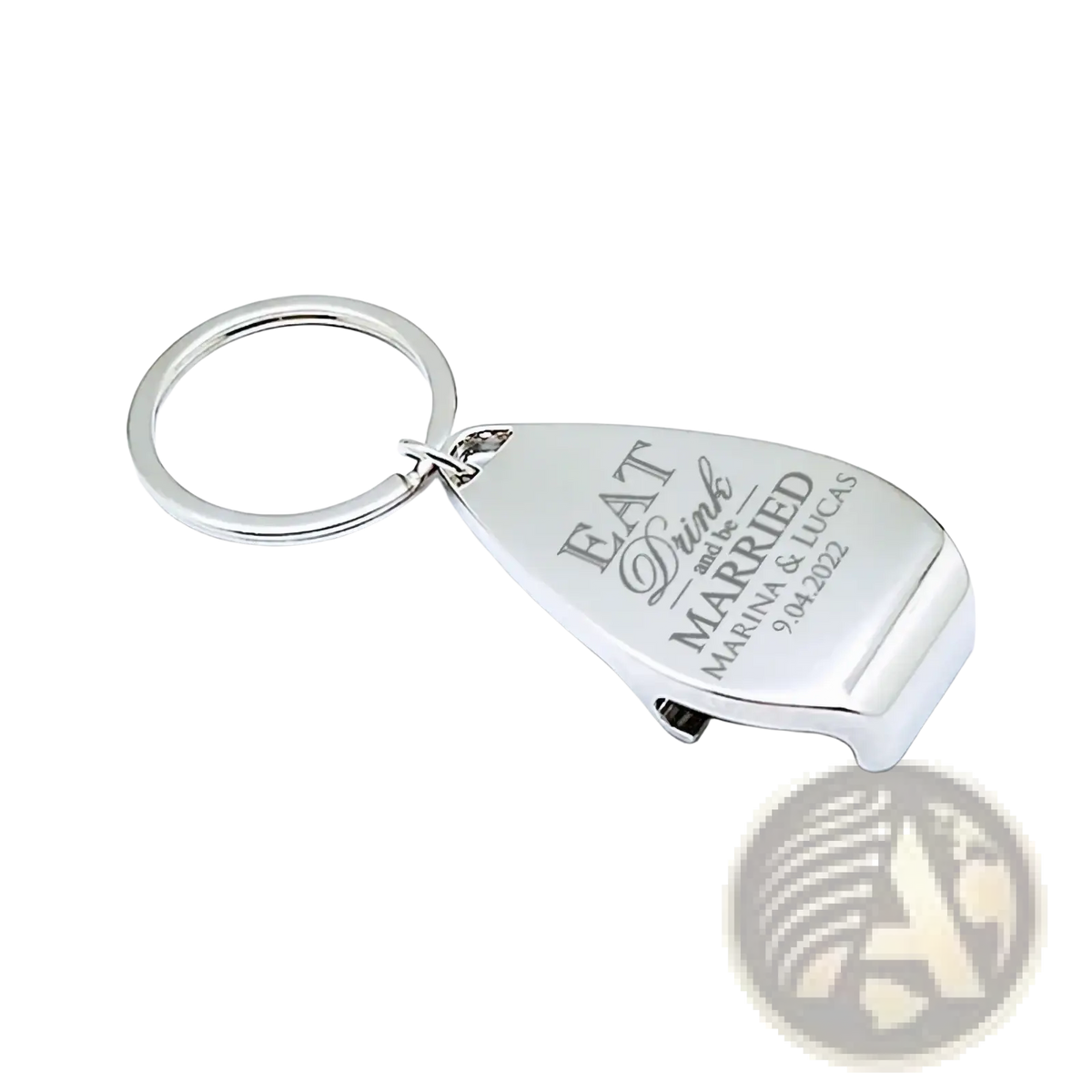 Silver metallic personalized wedding bottle opener keychain with eat drink and be married engraving and names dates