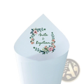 A light blue paper personalized wedding confetti cone box with floral wreath and names anita and krystian in script