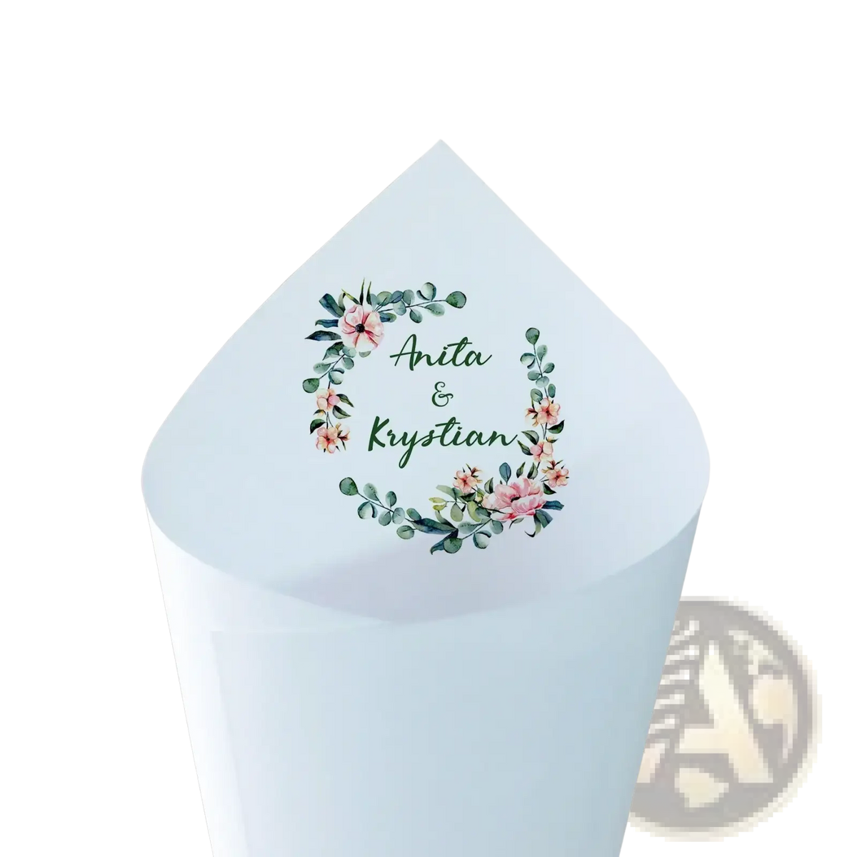 A light blue paper personalized wedding confetti cone box with floral wreath and names anita and krystian in script
