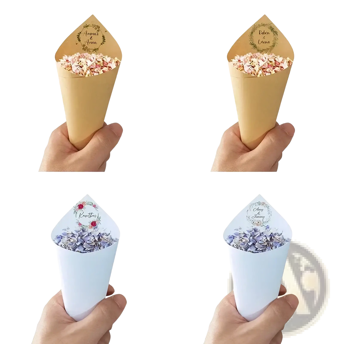 Personalized wedding confetti cones 30pcs kraft and white paper with floral designs and custom names for celebrations