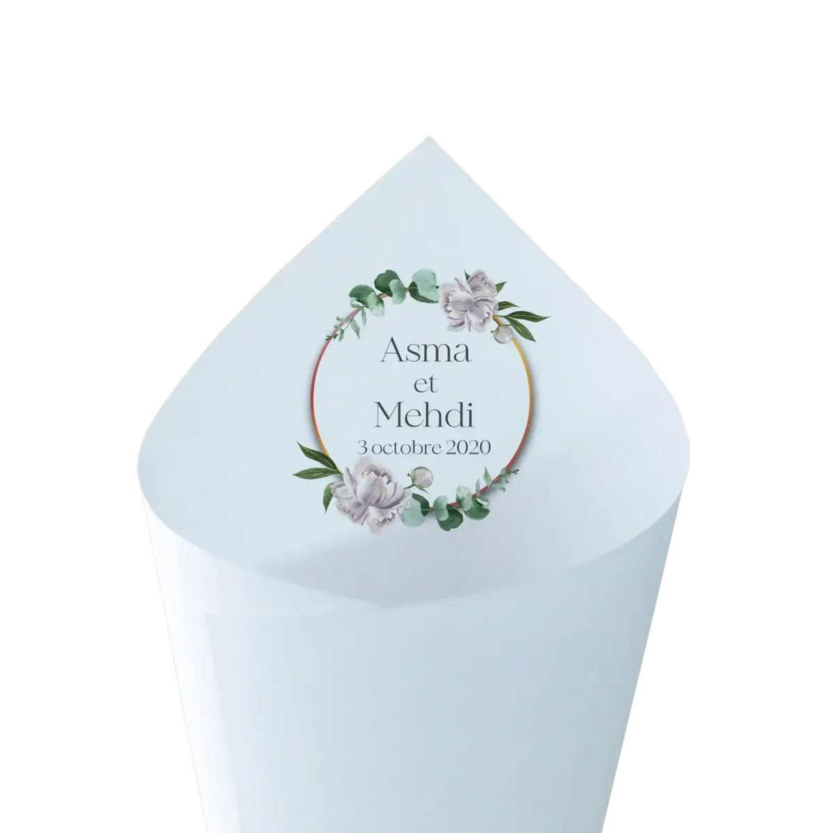 Light blue personalized wedding confetti cone with delicate floral wreath design and custom names 30 pieces set