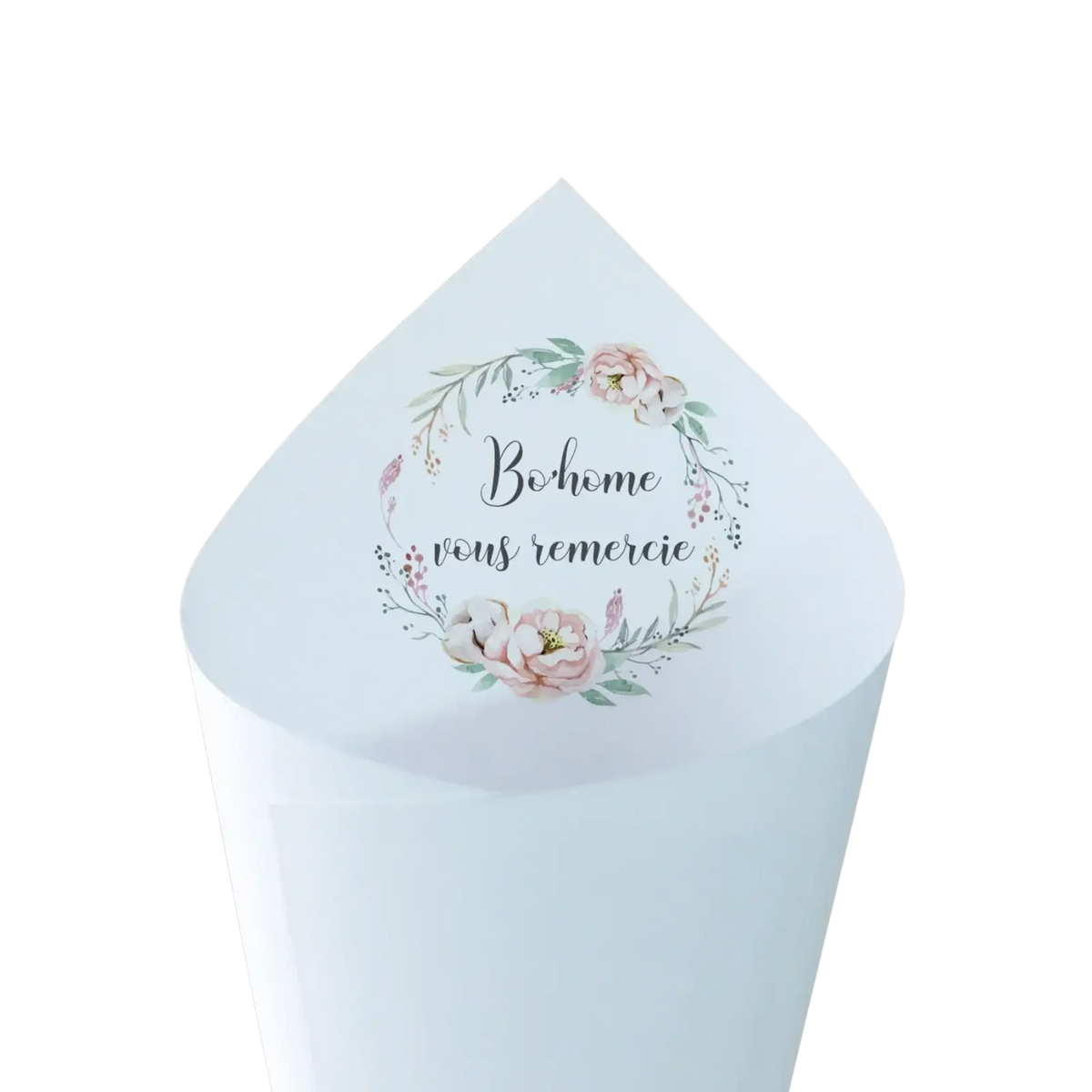 A light blue paper gift bag with floral wreath and black cursive text bohome vous remercie for personalized wedding confetti cones
