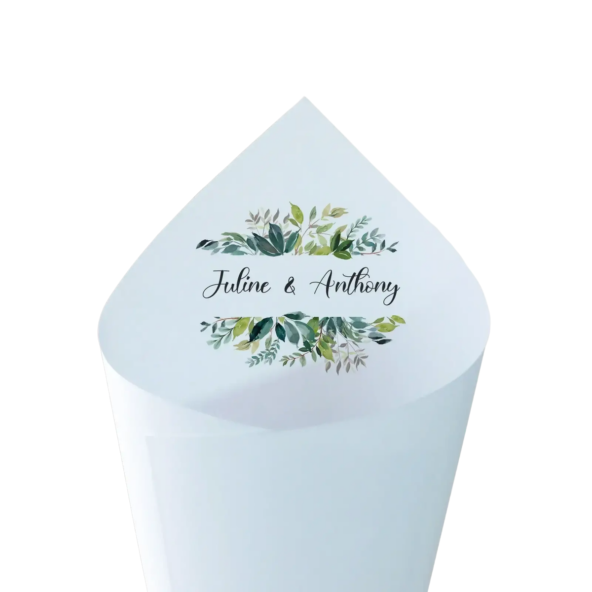 Personalized wedding confetti cones 30pcs featuring light blue paper cones with green leafy wreath and elegant names juline and anthony