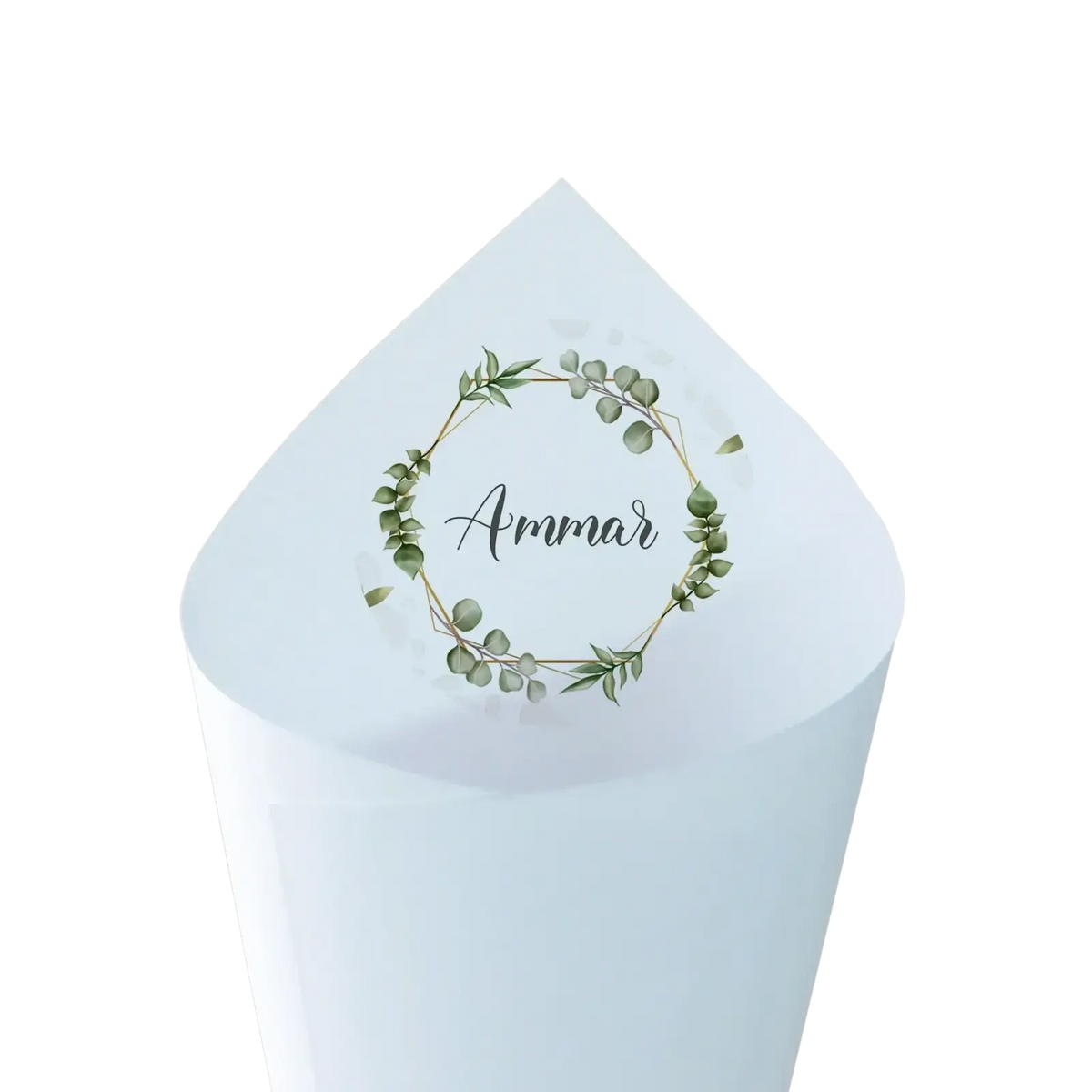 Light blue paper personalized wedding confetti cone with green leafy wreath and ammar in elegant black cursive script