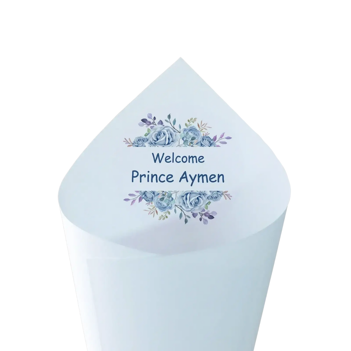 Personalized wedding confetti cones in light blue paper with floral design and welcome prince aymen text in dark blue