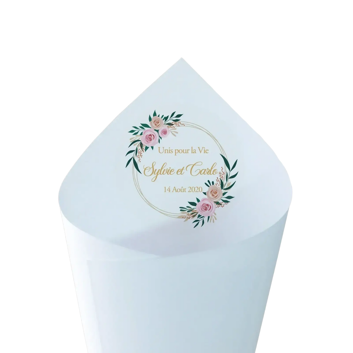 Personalized light blue paper wedding favor box with pink rose wreath and gold text for unis pour la vie event