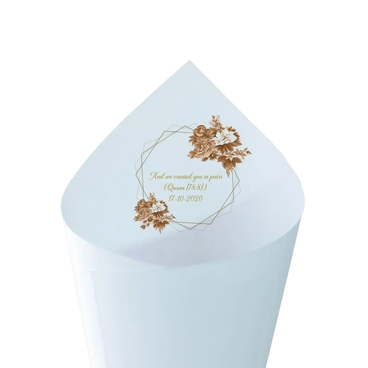 Light blue paper wedding favor box with gold floral and geometric design for personalized wedding confetti cones 30pcs