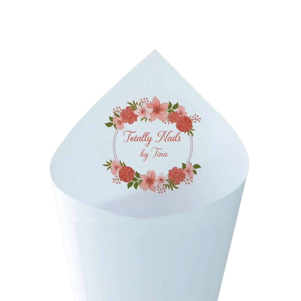 Light blue paper personalized wedding confetti cones with floral wreath and totally nails by tina text 30pcs