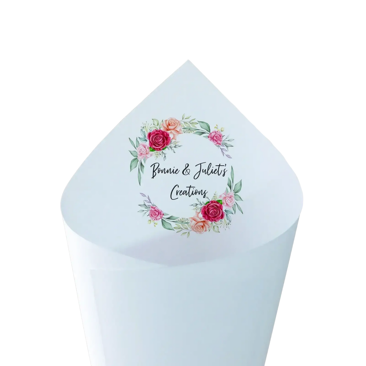 A light blue paper cone with a floral wreath and bonnie & juliets creations text for personalized wedding confetti